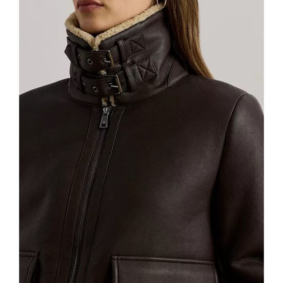 NWT Ralph Lauren Women's Fleece-Collar Faux-Leather Jacket Circuit Brown small - Picture 10 of 12